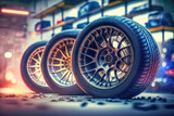 Three wheels at Car tire service background. AI generative