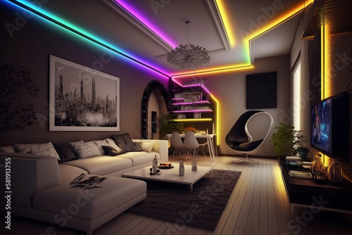 LED strips illuminate a modern and comfortable living room. AI Art