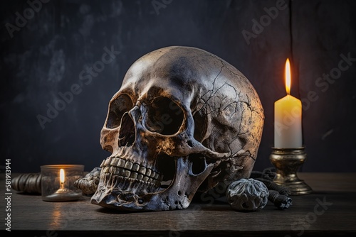 Human skull with candleson dark background with copy space. Concept of witchcraft dark magic. 