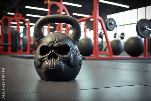 An unusual kettlebell in the shape of a skull in the gym. Weightlifting.