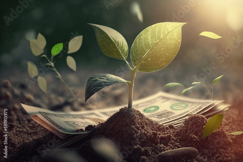 Dollar Seedling - Growth Concept - Plants On Banknotes In Increase, Invest power, profit and earning Generative AI