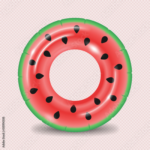 Inflatable ring in a watermelon pattern. Realistic Vector illustration, isolated on transparent background