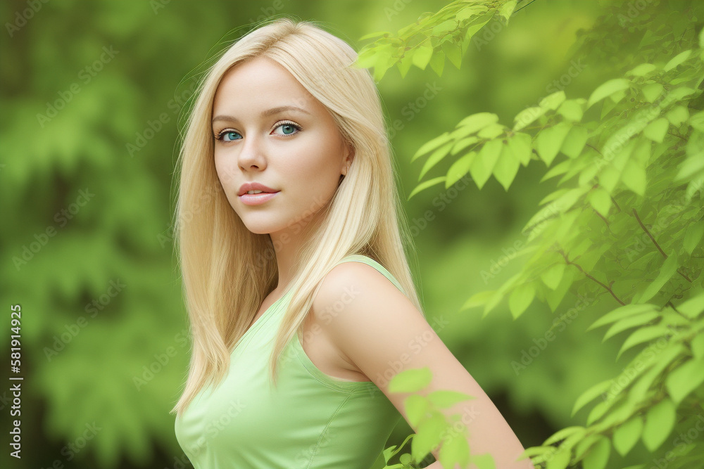 Woman with blonde hair and green dress standing in front green background with leaves.Generative AI. Woman with blonde hair and green dress standing in front green background with leaves.Generative AI.