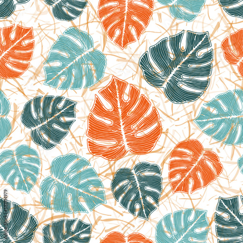 Ceriman plant foliage floral seamless ornament over noisy background. Elegant