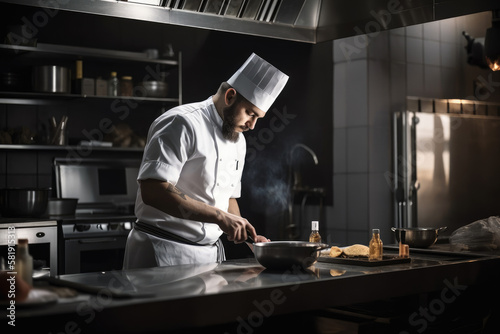 Chef preparing food in restaurant created with AI