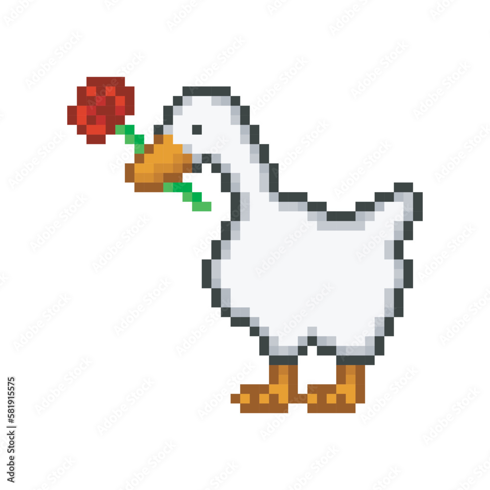 Fototapeta premium Goose with a flower, pixel art meme