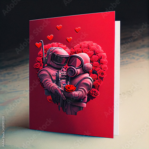Red romantic Valentines day card on table illustration digital Generative AI with two astronauts in love holding each other couple hugging rose heart background cosmic futuristic retro style drawing