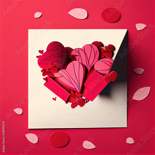 Hot bright pink paper background with paper cutouts ornaments and hearts generative AI DIY Valentines day card for romantic event with red and pink paper cut out hearts