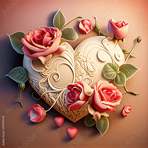 Pink roses on a gold ornament heart romantic Valentines day card generative AI illustration for romance background or anniversary gift heart token with art nouveau style ornaments