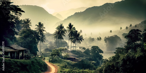 Illustration of panoramic view of Kerala, India landscape, AI Generated image.