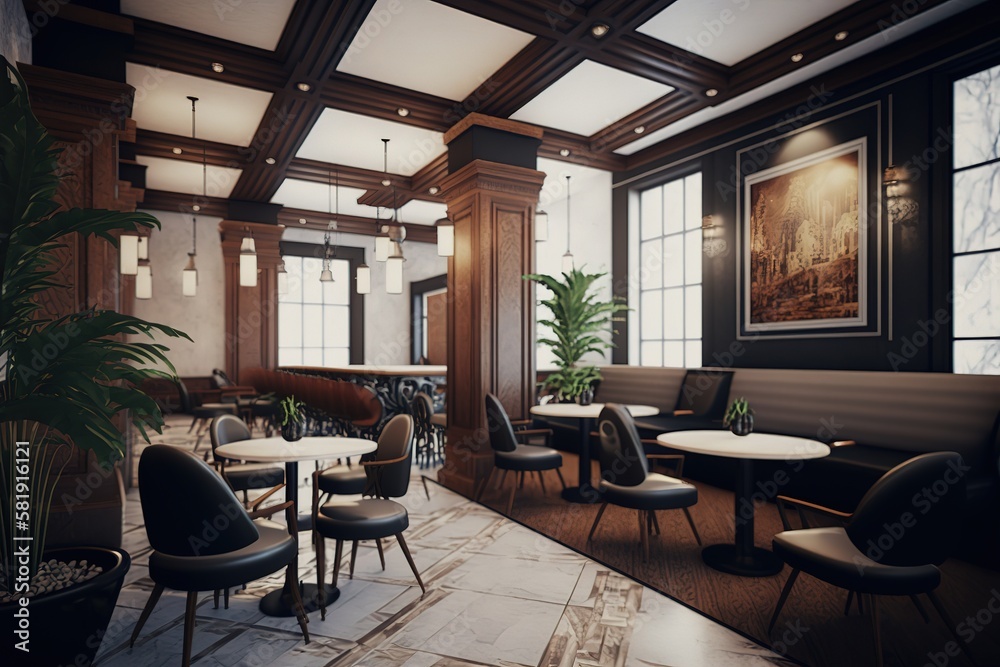 Hotel lobby cafe stylish interior, Generative AI