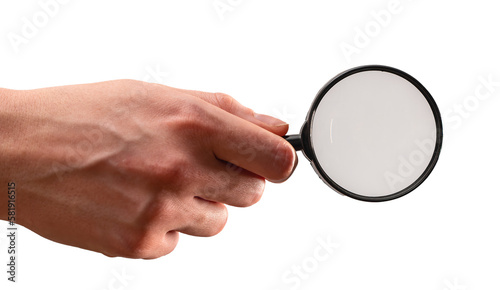 Hand holding magnifying glass lens, magnifier isolated on white background. Scrutiny, analysis, research, audit, checkup, quality control concept
