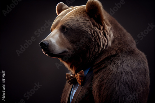 Portrait of a brown bear in a suit and a bow tie. Created with Generative AI technology.