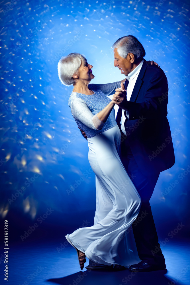 Fototapeta premium Elderly senior couple, man in dark suit and lady in elegant dress dancing on blue background with copy space, generative ai