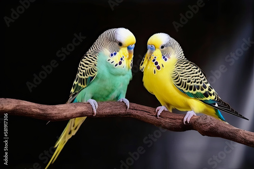 generative ai illustration of a cute budgie couple on a branch against dark background