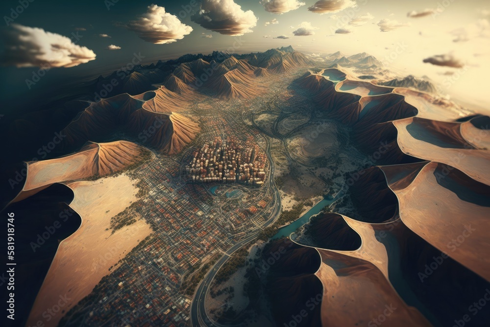 Aerial view of fantasy city in desert mountains. Generative ai ...