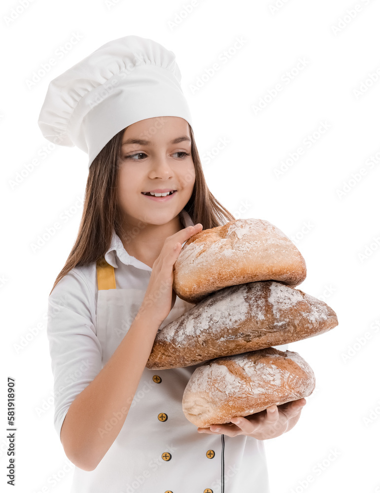 Little baker with loaves of fresh bread on white background Little baker with loaves of fresh bread on white background