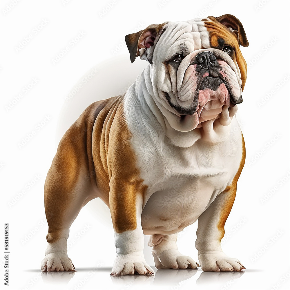 Fototapeta premium Cute nice dog breed english bulldog isolated on white close-up, rare color, beautiful pet, lovely dog, ai generative