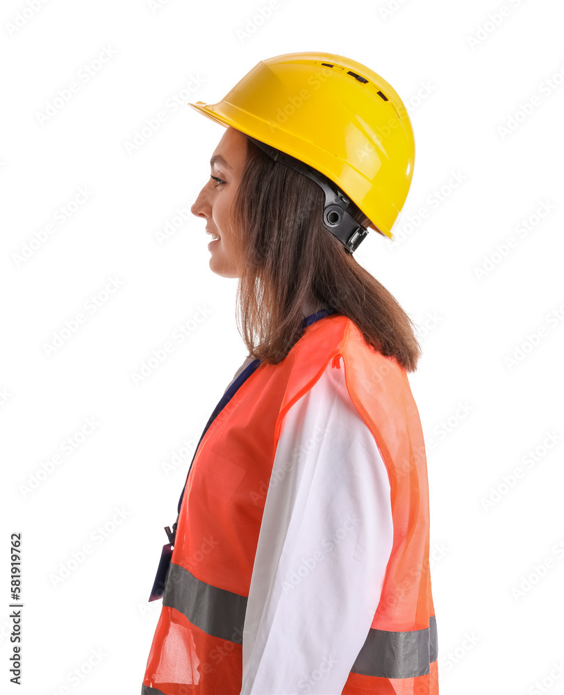Female worker in vest and hardhat on white background Female worker in vest and hardhat on white background