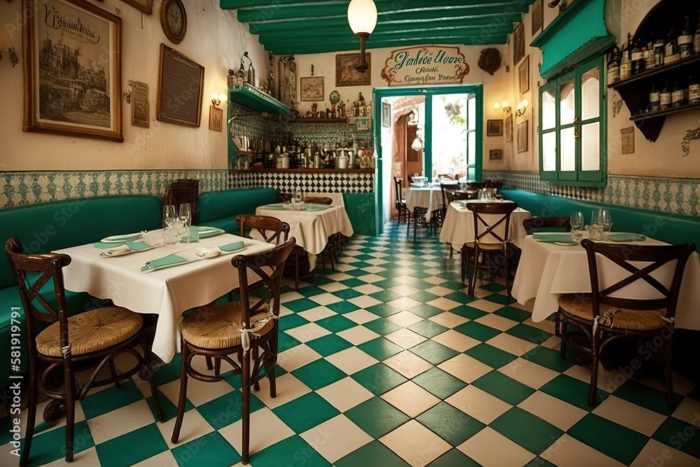 Spanish style restaurant, Interior, . Generative AI