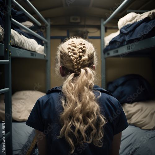 Young girl in prison next to a bunk bed Fototapet