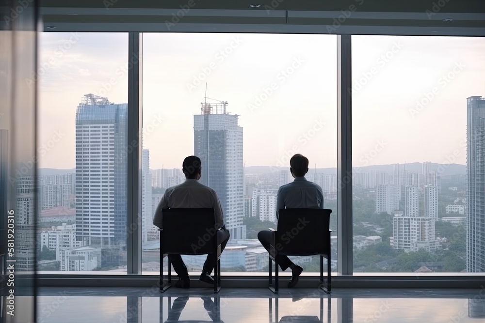 Portrait of relaxed businessmen from the back in modern office.Business young men from the back relax after work of office window with business district view - Generative AI