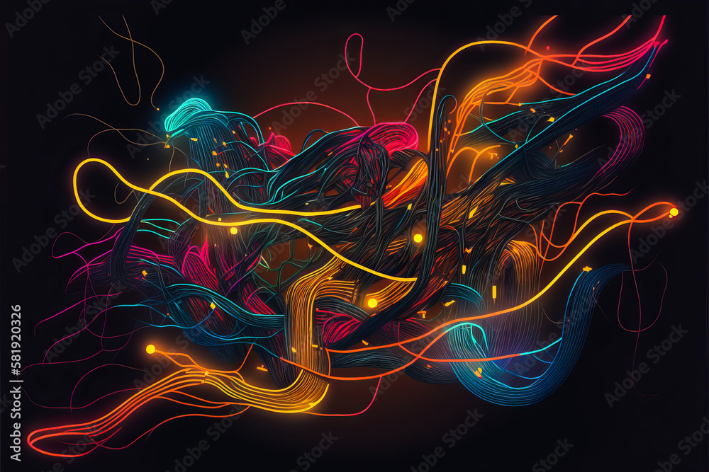 An abstract landscape of electrical currents that symbolizes connectivity and interdependence. Futuristic style, attractive and dynamic neon colors. Generative AI - obrazy, fototapety, plakaty 