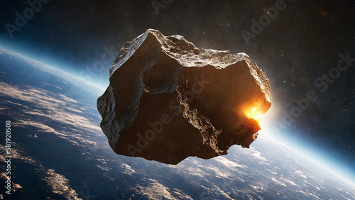 huge meteorite flying over earth's surface seen from orbit glowing sun flare in background , generative AI