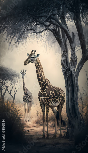 Giraffe and Baby Giraffe. Generative AI