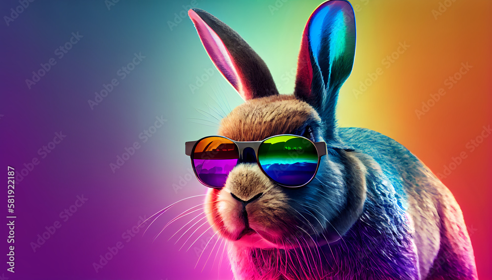 Cute Bunny Wearing Sunglasses on Colorful Background with Copyspace.  Generative Ai Illustration.
