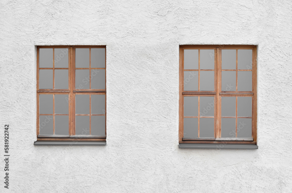 View of old building with wooden windows View of old building with wooden windows
