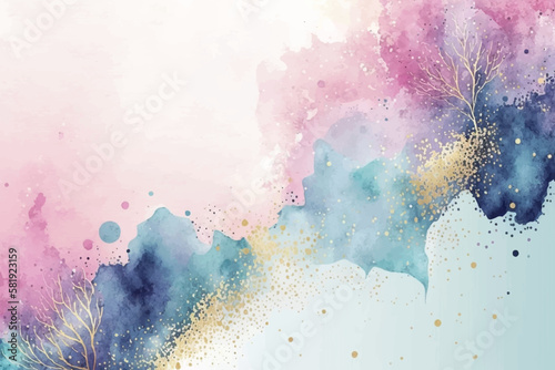 Abstract watercolor background with gold glitter