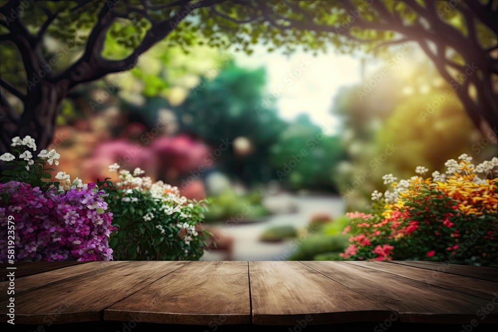 Product Display Table with Spring Flower Background (Generative AI)