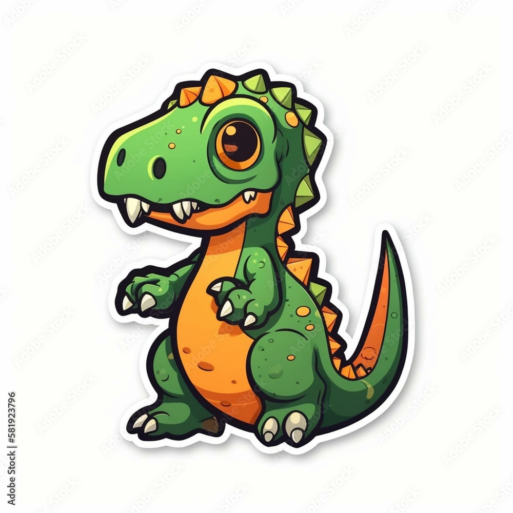 Cut sticker of a green dinosaur with orange spots on white background. Generative AI Cut sticker of a green dinosaur with orange spots on white background. Generative AI