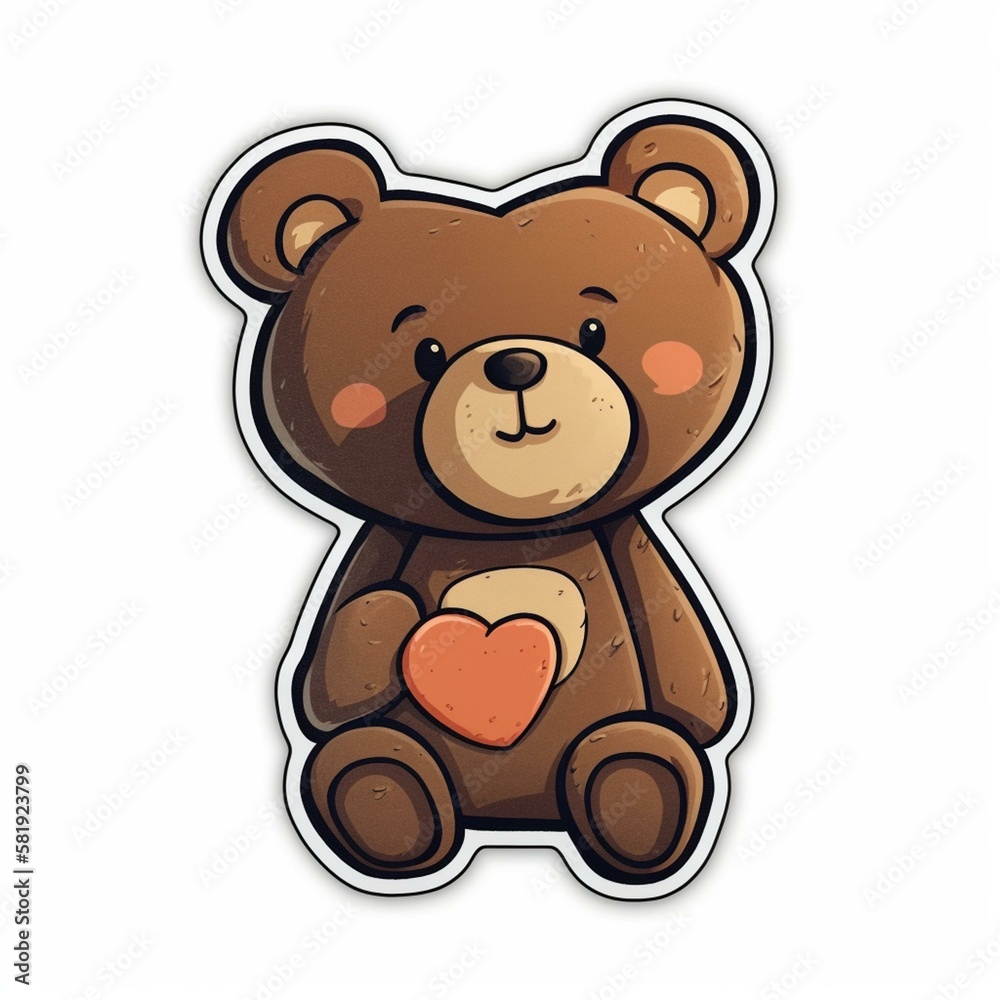 Cut sticker of a brown teddy bear holding a heart on white background. Generative AI Cut sticker of a brown teddy bear holding a heart on white background. Generative AI