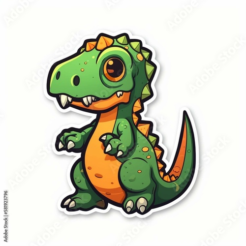 Cut sticker of a green dinosaur with orange spots on white background. Generative AI