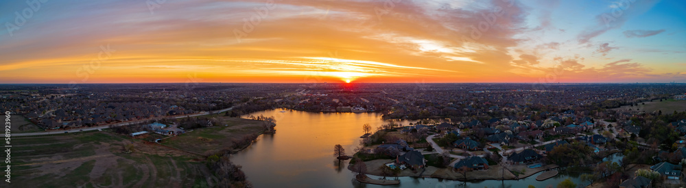 Aerial view of the beautiful sunrise landscape over Edmond area