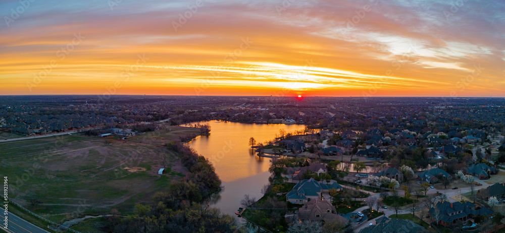 Aerial view of the beautiful sunrise landscape over Edmond area
