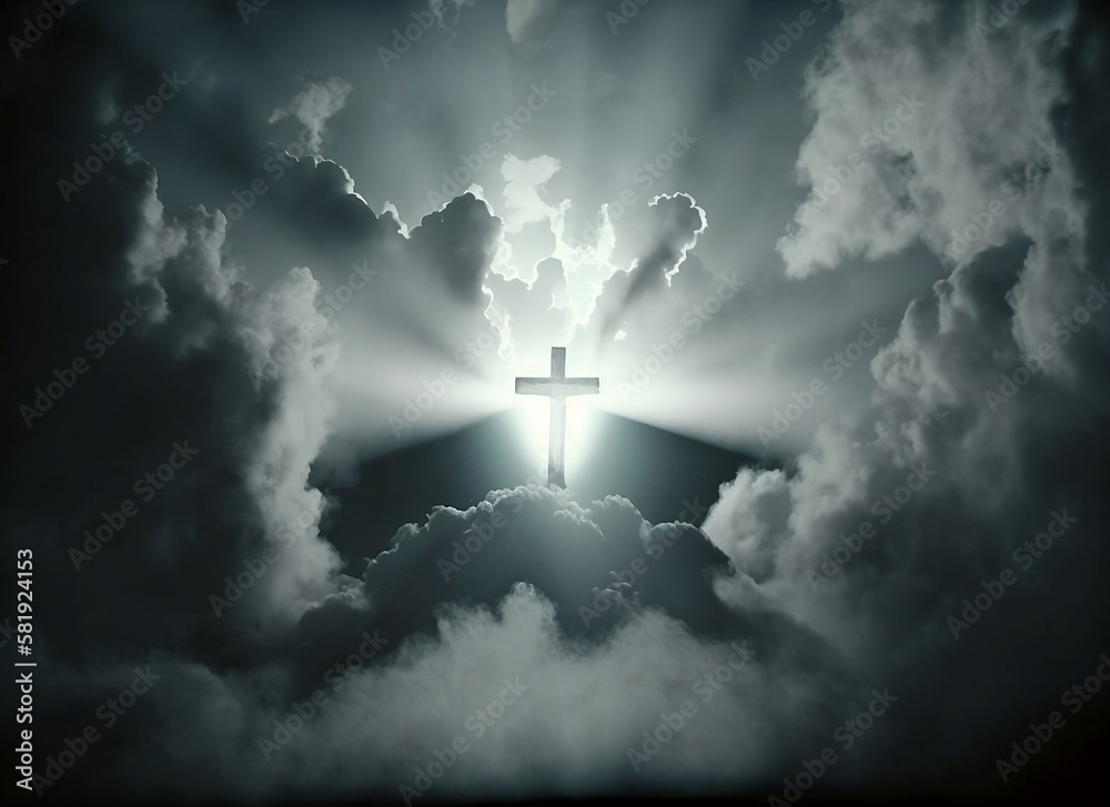 Resurrection - Light Cross Shape In Clouds - Risen - Jesus Ascends to Heaven Scene, generative ai