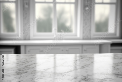 Kitchen Mockup of marble kitchen top. Panorama banner for product presentation. Kitchen in blurred background. Template for products  prototypes and draft presentations with copy space - generative ai