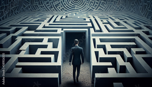 Businessman standing in front of a labyrinth. Generative Ai