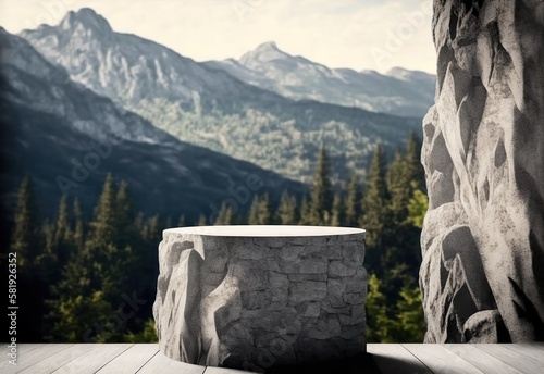 Mockup podium made of fine granite - slightly blurred landscape with sea in the background. Ideal for product presentation on empty stone surface and luxury granite. Empty product surface AI generate photo