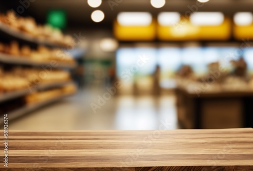 Mockup of wooden table or planksof a panorama banner for product presentation. a supermarket in a blurred background. Template for products, prototypes and presentation designs. © Marco
