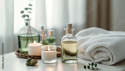 Wellness Dekoration im Badezimmer oder im Spa. Öl mit Handtuch und Kerzen.