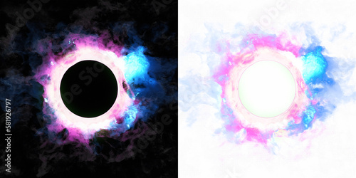 Round portal glowing in pink and blue neon lights against a black or transparent PNG background. Teleportation Ring, Gateway, Interdimensional Wormhole.