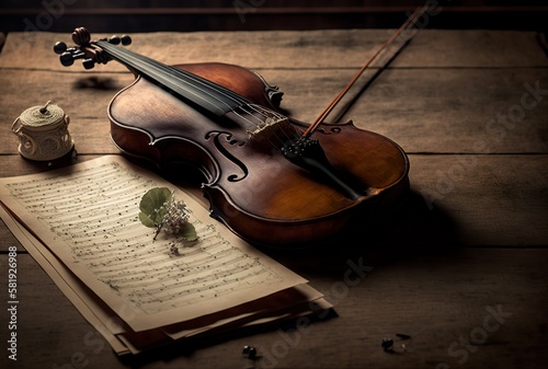 Eine alte Geige auf einem alten Tisch, mit einem Blatt Noten kunstvoll arrangiert. Violine 3d gerendert. Generativ KI
