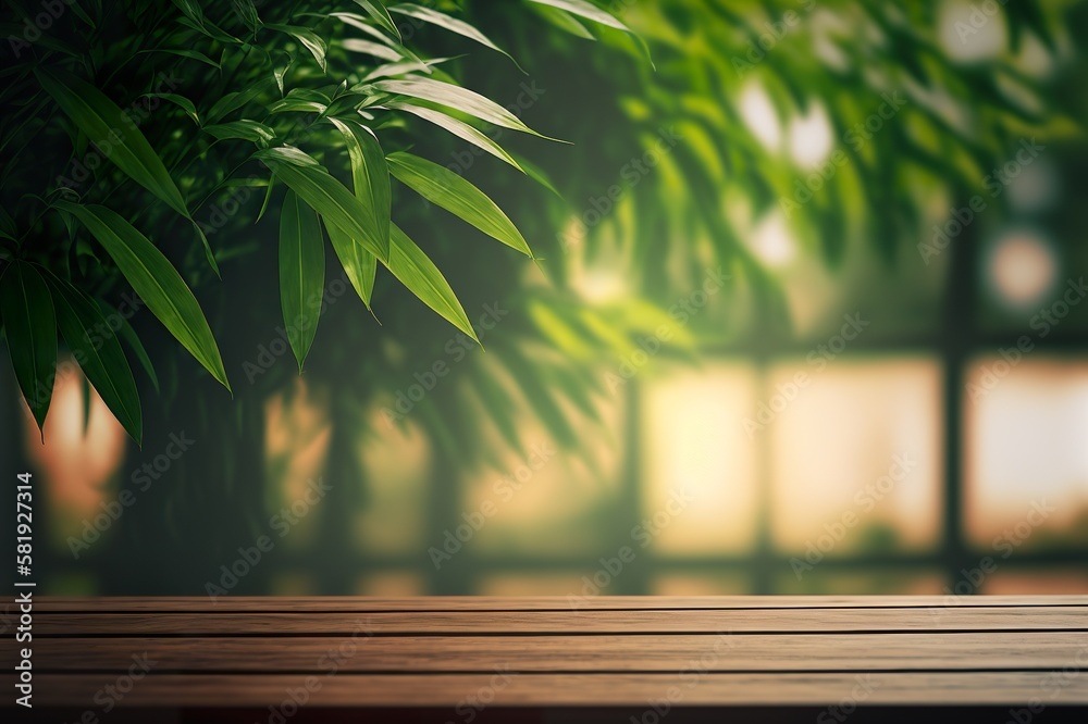 Mockup of wooden table for a panorama banner for product presentation. Green meadow with trees in the blurred background. Template for products, prototypes and presentation designs. Generative AI Mockup of wooden table for a panorama banner for product presentation. Green meadow with trees in the blurred background. Template for products, prototypes and presentation designs. Generative AI