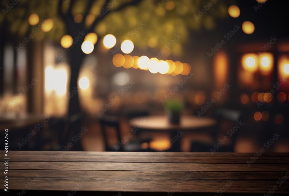 Mockup of the wooden table of a panorama banner for product presentation. Illuminated cafe, restaurant or bistro in blurred background. Template for products, prototypes and draft presentations.
