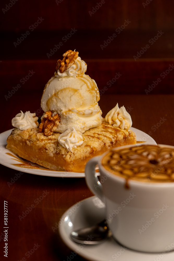 Lemon cheesecake and cup of coffee made by professional barista on wooden background Lemon cheesecake and cup of coffee made by professional barista on wooden background