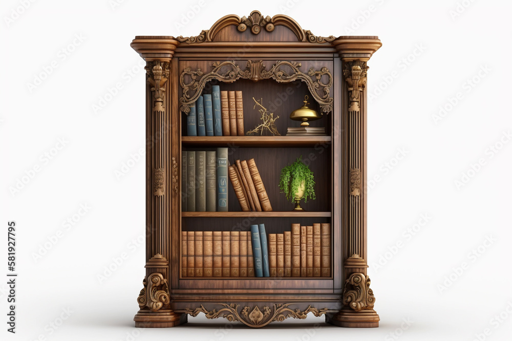 Vintage wooden bookcase on white isolated background.Close up front view.Created with generative ai